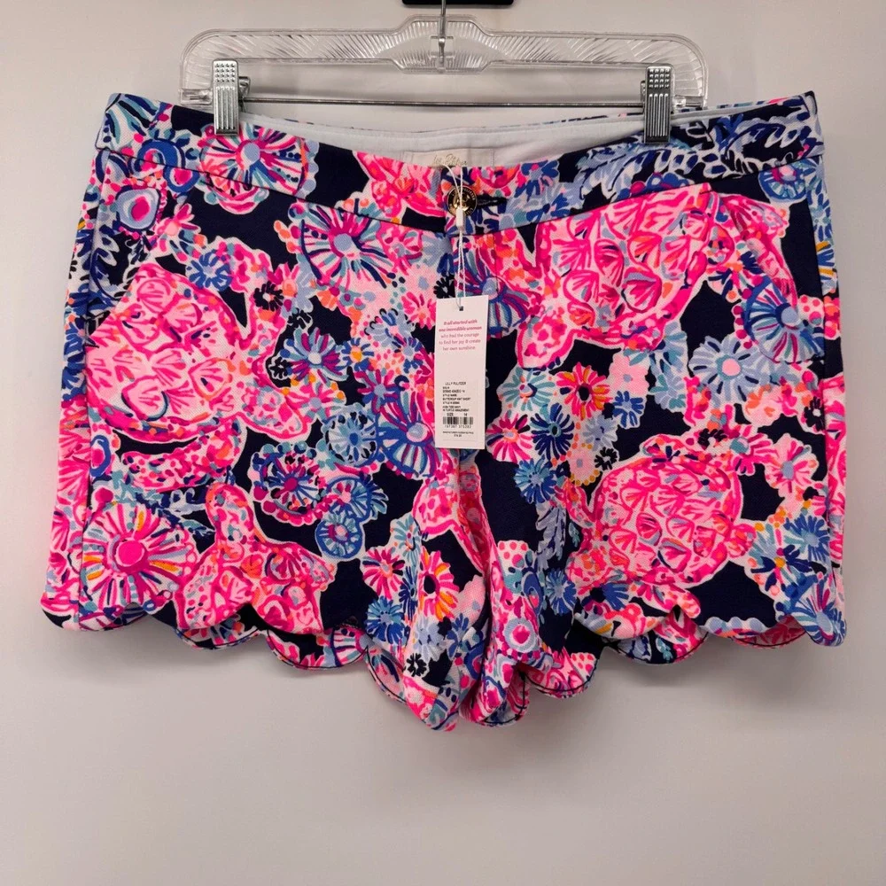 Lilly Pulitzer Buttercup Knit Short Women 14 Navy Pink Scalloped Turtle 005645